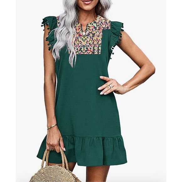 NEW Green Embroidered Ruffle Sleeveless Shift Dress Flowy Dress L - Picture 1 of 6